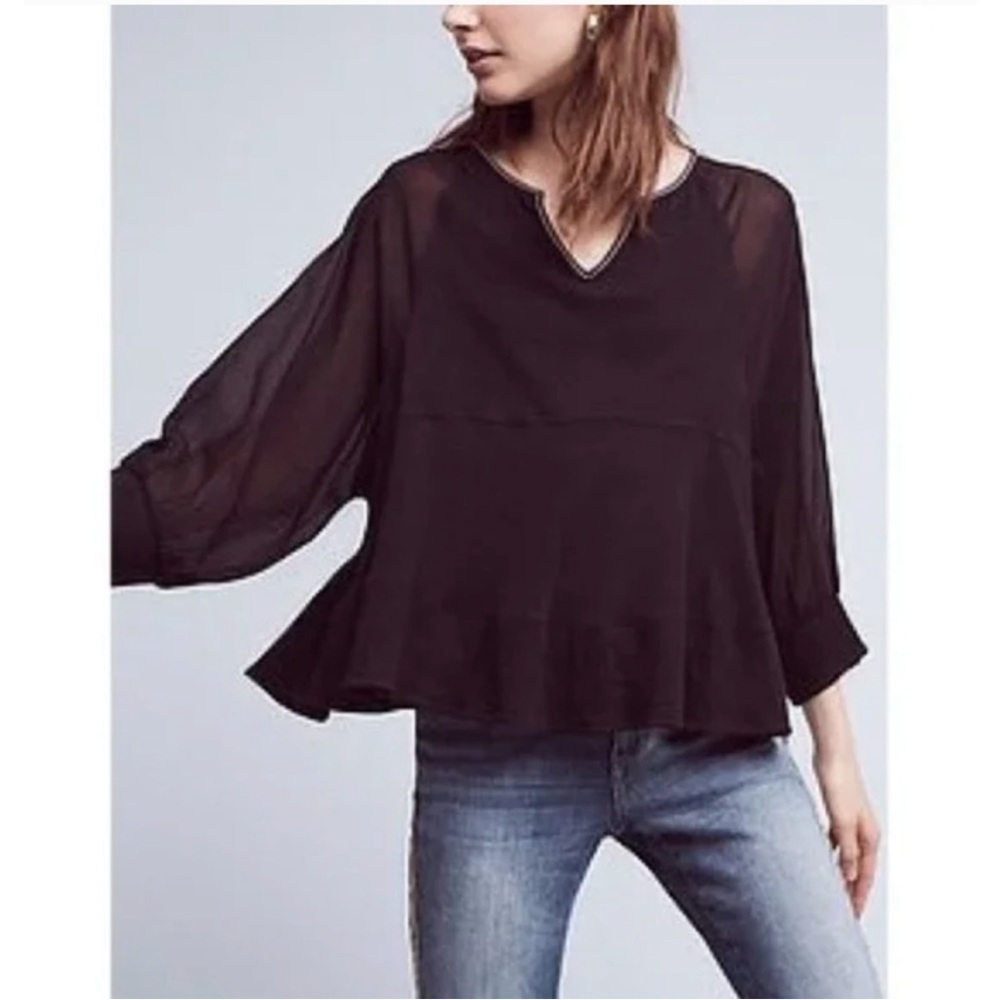 Anthropologie Black Sheer Peasant Blouse